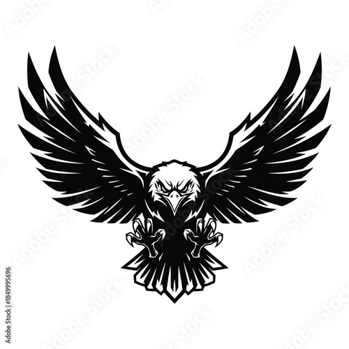 Black silhouette of an eagle with spread wings and sharp claws flying