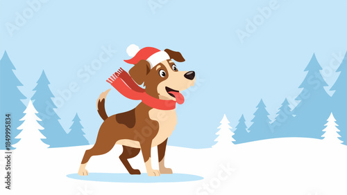 Cheerful cartoon dog in snowy winter landscape with red scarf and Santa hat