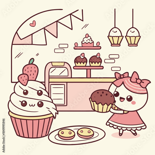 cute kawaii cupcake shop with smiling girl holding muffin, giant strawberry cupcake, and cookies, pink and pastel color scheme, charming bakery illustration for children, adorable food stand design