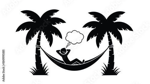 A person relaxing in a hammock between two palm trees on a tropical island