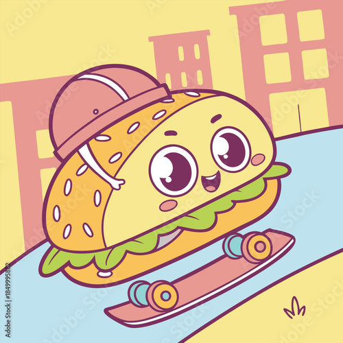 energetic hamburger character wearing cap skateboarding in city street, happy food mascot with big eyes, funny sandwich illustration for kids, dynamic urban scene with buildings and skateboard