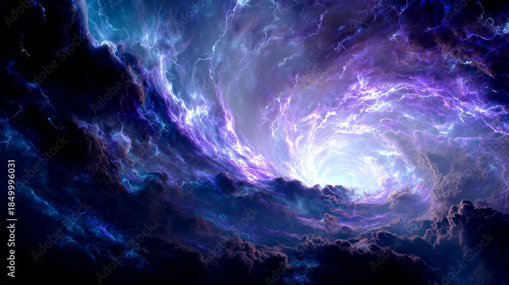 Fototapeta premium 激しい稲妻が輝く暗黒の嵐と渦巻く雲のエネルギー背景