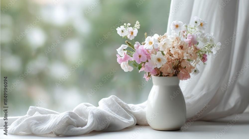 Fototapeta premium Bouquet of fresh pink and white flowers in a ceramic vase on a windowsill with soft curtains