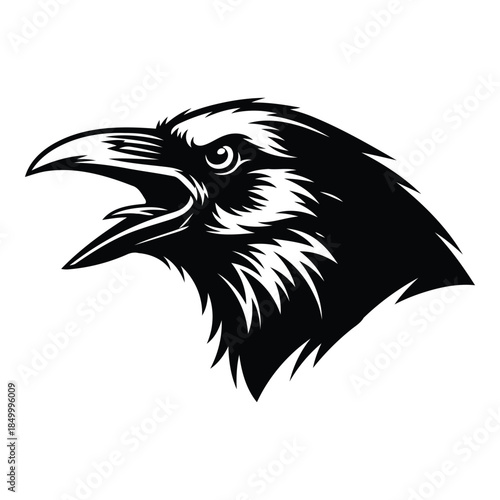 black and white illustration of an eagle head with open beak