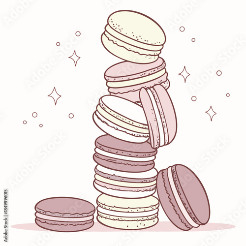 Stacked macarons delightful dessert illustration with charming stars and circles whimsical pastel confectionery a sweet treat collection in elegant outline art