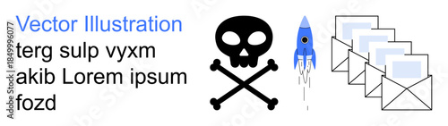 Cybersecurity, email fraud, online threats, phishing alerts, hacking risks, technology breaches. Skull and crossbones next to a rocket icon and email envelopes. Cybersecurity and email fraud concept