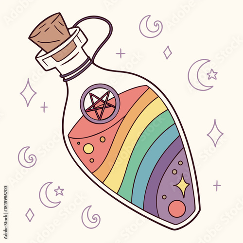 Rainbow potion bottle with pentagram symbol surrounded by stars moons and swirls magical elixir in a glass flask enchanting mystical brew colorful liquid inside