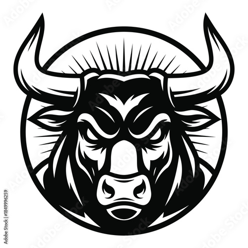 Bull head in circle with horns and aggressive expression front view