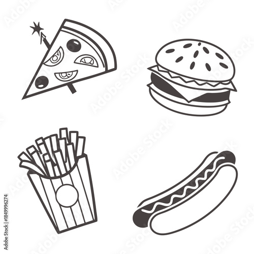 Four monochrome fast food icons set including a pizza slice with candle burger french fries and a hot dog classic meal collection in black and white