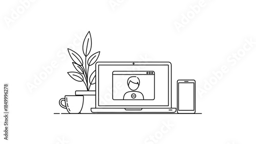 Modern workspace with laptop on video call and mobile device