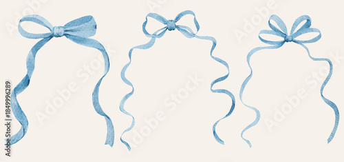 Flowing watercolor ribbon bows in soft blue tones. Ideal for frames invitations nursery prints packaging and romantic graphic designs.