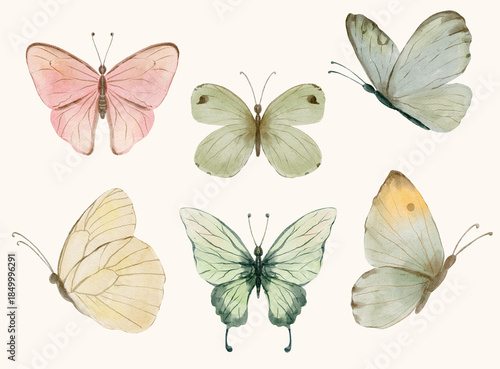 Hand painted watercolor butterflies in soft pastel color. Perfect for nursery wall art greeting cards invitations packaging and gentle spring designs.