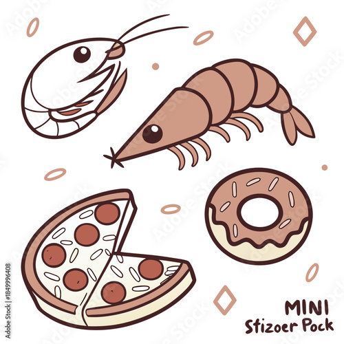 Mini stizoer pock collection featuring cute shrimp prawns pizza slices and a donut charming food illustrations in a delightful pastel color palette