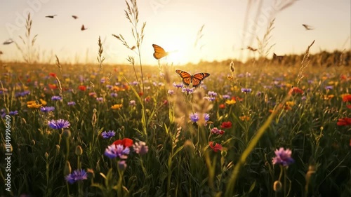 Butterflies flutter above a vibrant wildflower meadow at golden hour.
