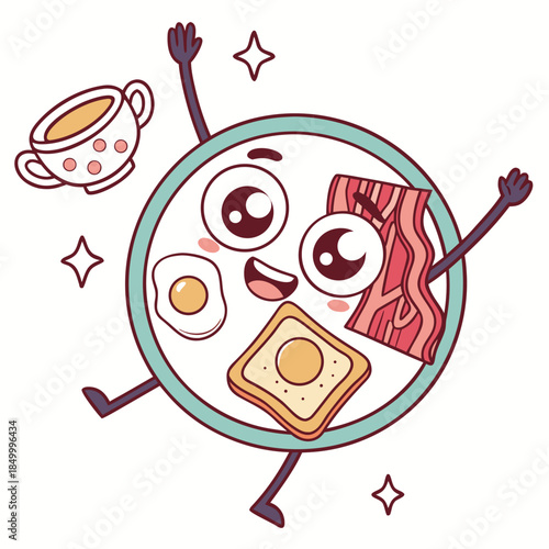 cute happy breakfast plate with fried egg bacon toast and coffee cup floating with stars cartoon character vector illustration kawaii style