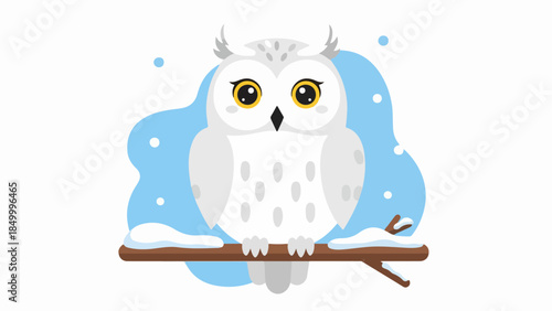 Illustration of a solitary owl perched on a snow-dusted brown branch in a winter landscape