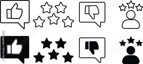 
Review icon set. Containing feedback, rating, satisfaction, like icons, quality evaluation score, achievement badge, success symbol. symbol of customers rating on transparent background
