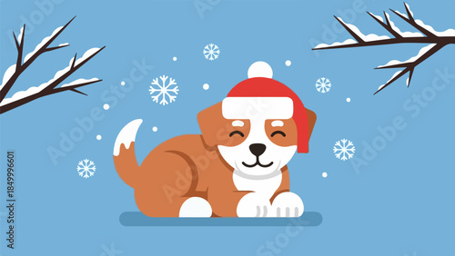 Cartoon illustration of a brown and white puppy wearing a red Santa hat resting on a light blue sled in a winter scene with falling snowflakes