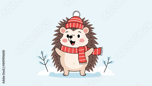 Cheerful hedgehog in winter landscape with red and white striped hat and scarf