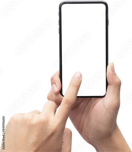 Hand holding smartphone mockup as png photo Modern smart phone in hand. Isolated background and screen.Laptop and Smartphone Mockup 
