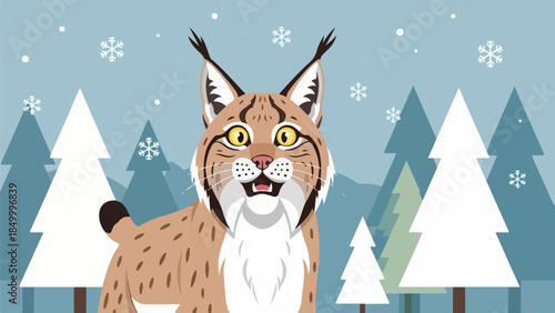 Lynx standing in a snowy forest with evergreen trees and a gradient sky