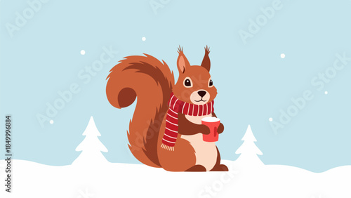 Cartoon squirrel with red scarf and mug in winter landscape