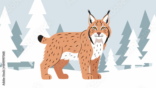 Illustration of a lynx standing in a snowy forest with coniferous trees