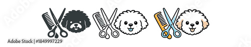pet grooming comb and scissors crossed next to fluffy dog face