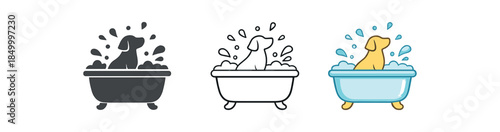 pet grooming bathtub with dog silhouette and water splashes