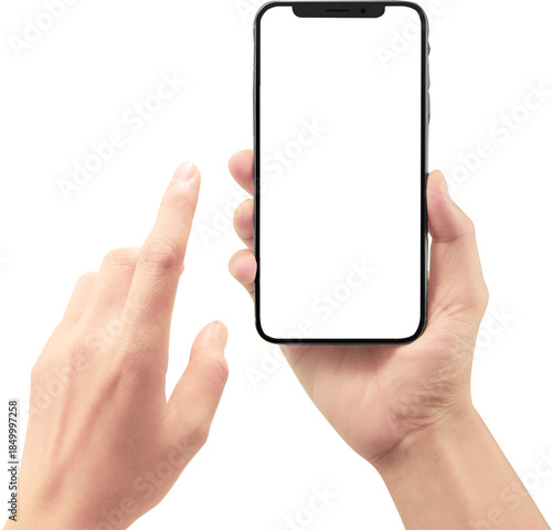 Hand holding smartphone mockup as png photo Modern smart phone in hand. Isolated background and screen.Laptop and Smartphone Mockup 