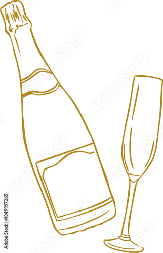 Champagne bottle and glass holiday decoration vector illustration isolated on white background, Line Art