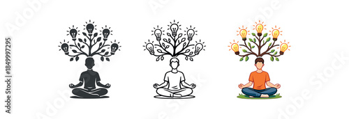 self growth person meditating under light bulb tree of ideas