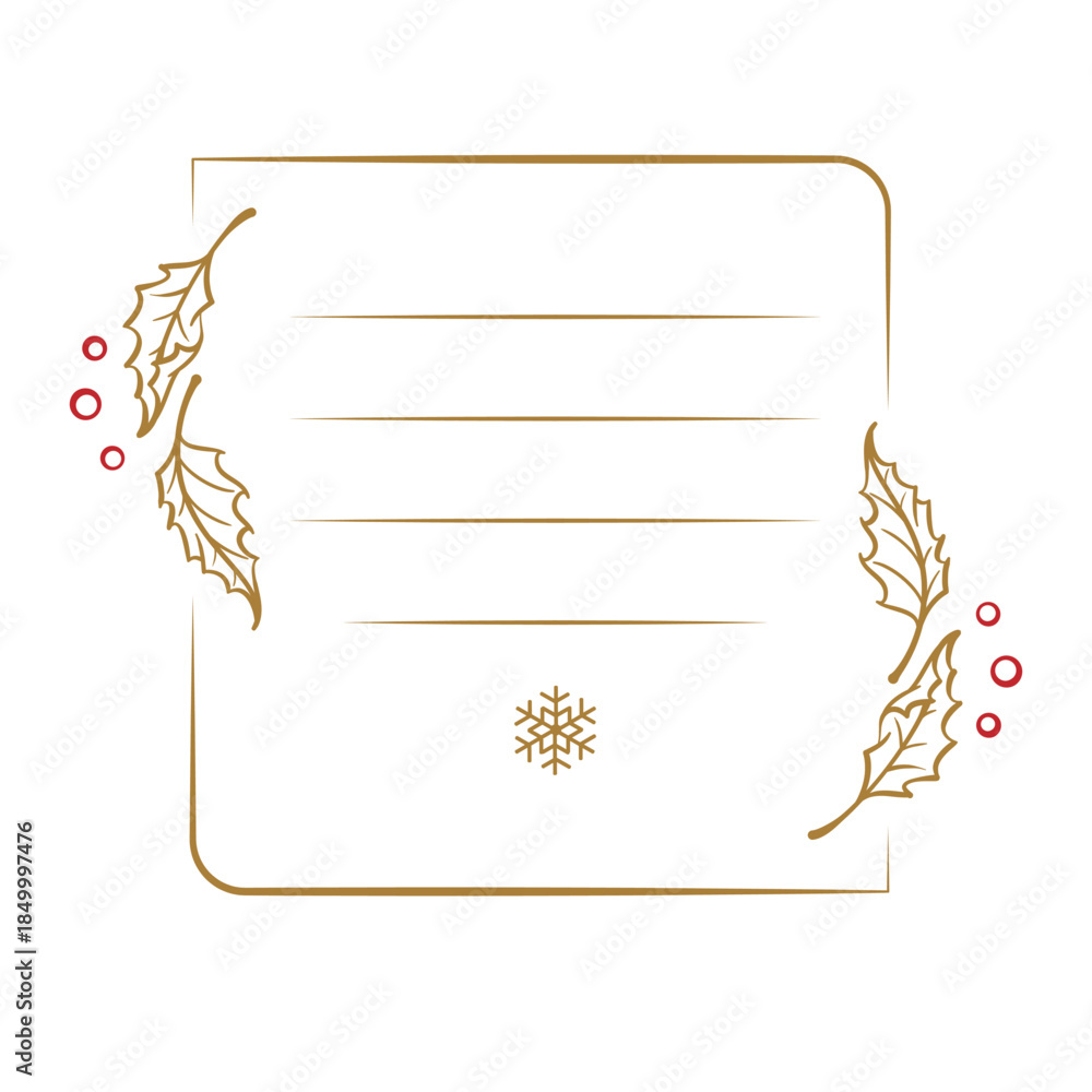 Fototapeta premium Rounded corner square Christmas vector frame with holly and snowflake