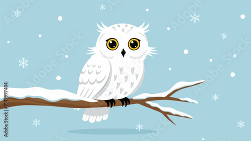 White owl with yellow eyes perched on a snow-dusted branch in a winter scene
