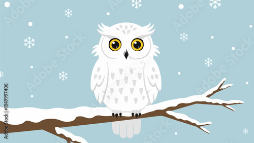 White owl with yellow eyes perched on a snow-covered branch against a light blue winter sky