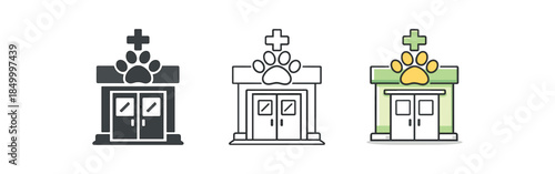veterinary care pet hospital entrance with paw and cross above doors