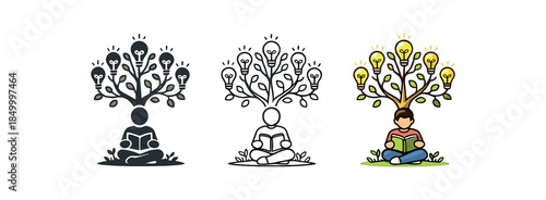 self growth person reading book under tree of ideas