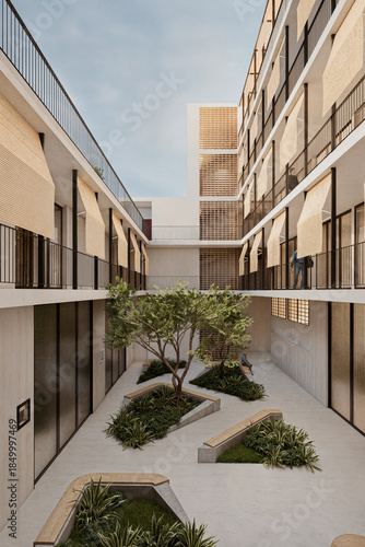 Fachada de un edificio multifamiliar de 26 viviendas, estilo mediterráneo, en valencia, españa. Materiales, estucco, madera, persianas alicantinas. Fachada minimalista en el mediterráneo.