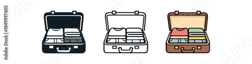 minimal travel open suitcase with neatly folded clothes