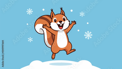 Cheerful cartoon squirrel mid-leap on snow with scattered snowflakes against a light blue background