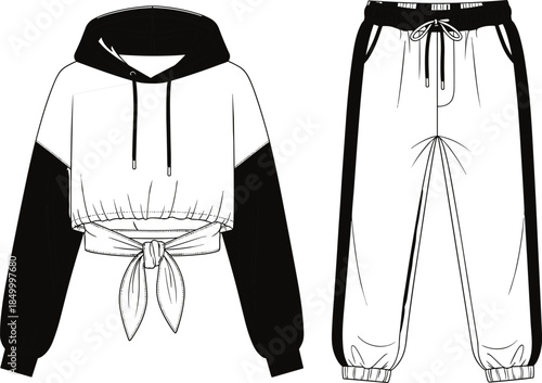 Technical flat sketch vector illustration of women's trendy tracksuit set, featuring a tie-front cropped hoodie and jogger pants with side stripes for modern athleisure design.
