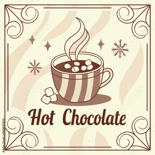 cozy hot chocolate with marshmallows and steam rising from mug on striped background with snowflakes and stars illustration with decorative border for christmas and winter season celebration