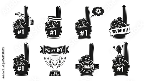 Fan foam fingers with number one various designs vector set for sports events and cheering including whistles ribbons and trophies