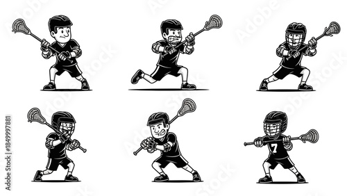 Set of cartoon lacrosse players with sticks and balls, team sport and game action, athletic competition and outdoor pursuit, energetic players and equipment, focused concentration and effort