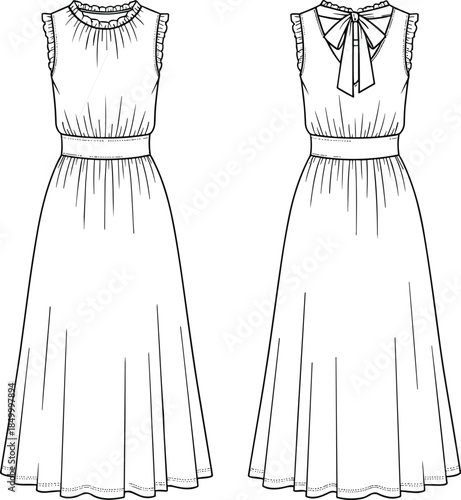 Technical flat vector illustration CAD drawing women's sleeveless midi dress bow back ruffle neck fashion apparel template mockup black and white outline