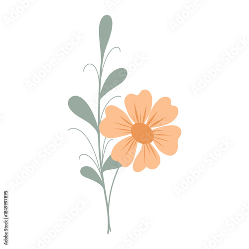 Yellow flower sprig, botanical element. Single flower illustration, yellow bloom stem. Floral sprig vector, delicate botanical piece