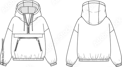 Technical hoodie sweatshirt flat sketch with front and back views, detailed stitching, zipper pocket, hood design, apparel vector illustration
