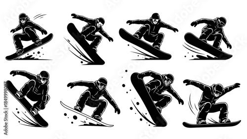 Snowboarder performing tricks and jumps on snowy mountain slope action silhouette set with dynamic splashes of snow and powder illustration
