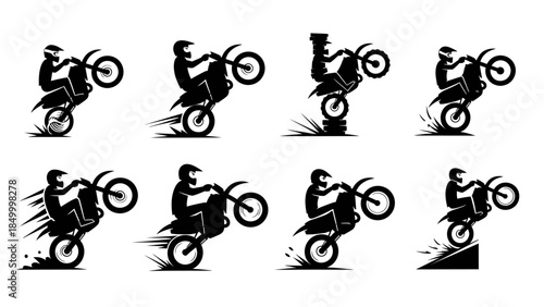 motocross silhouette collection featuring riders performing stunts on dirt bikes across different backgrounds and terrains, dynamic action poses illustration