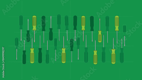 Screwdrivers arranged in a pattern on green.